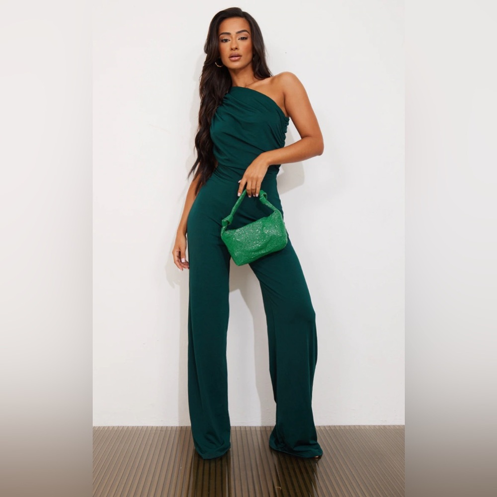 Petite Emerald Green One Shoulder Ruched Wide Leg Jumpsuit size 10